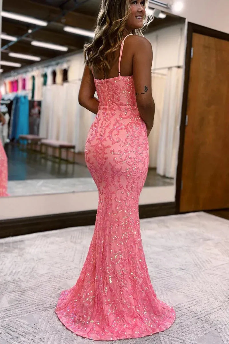 Lace Mermaid Square Spaghetti Straps Zipper Back Floor Length Prom Gown