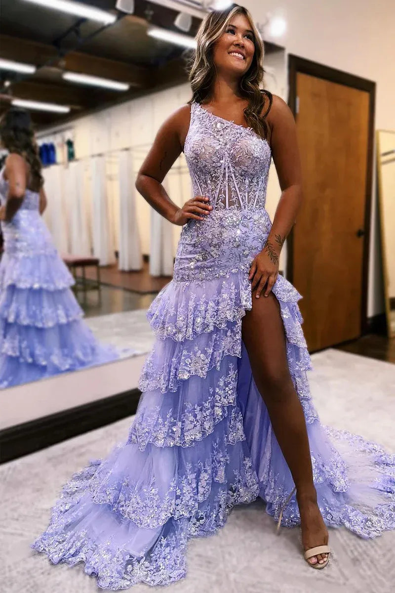 Lace Ruffle Mermaid One Shoulder Sheer Corset Slit Train Prom Gown