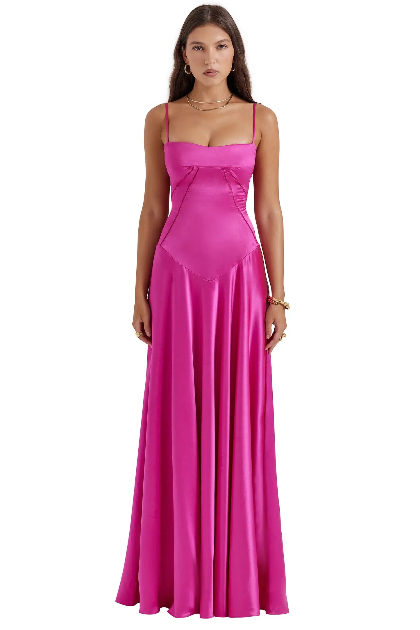 Lustrous Maxi Square Thin Strap Lace Up Back Flowy Prom Dress