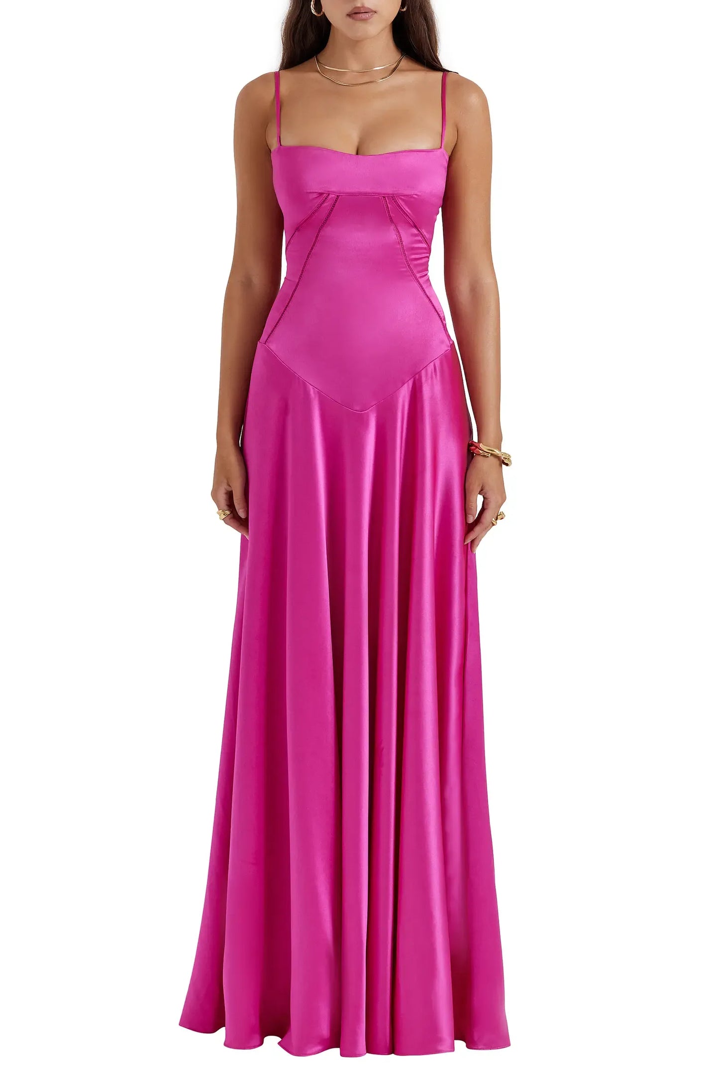 Lustrous Maxi Square Thin Strap Lace Up Back Flowy Prom Dress