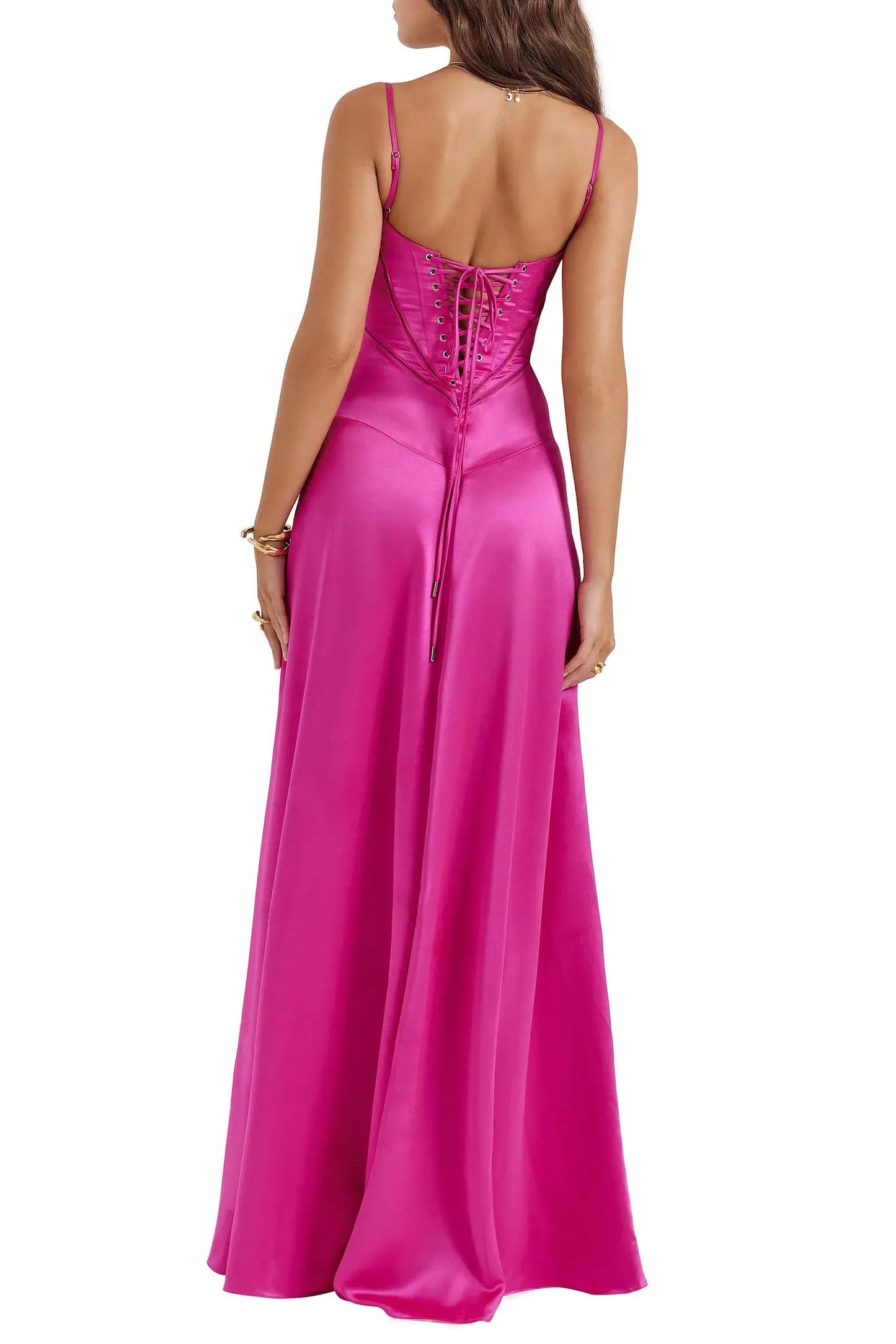 Lustrous Maxi Square Thin Strap Lace Up Back Flowy Prom Dress