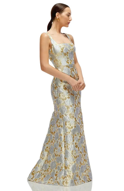 Luxurious Trumpet Square Neck Sleeveless Jacquard Floral Fitted Bodice Formal Evening Gown