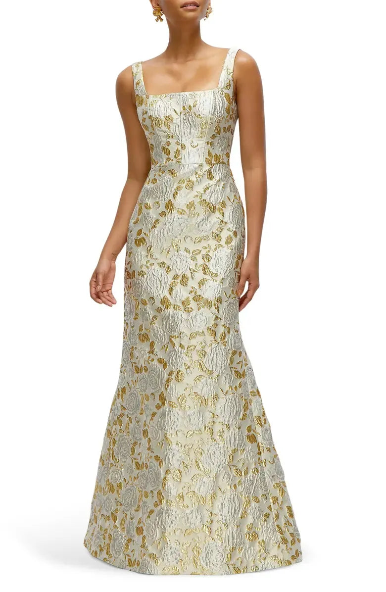 Luxurious Trumpet Square Neck Sleeveless Jacquard Floral Fitted Bodice Formal Evening Gown