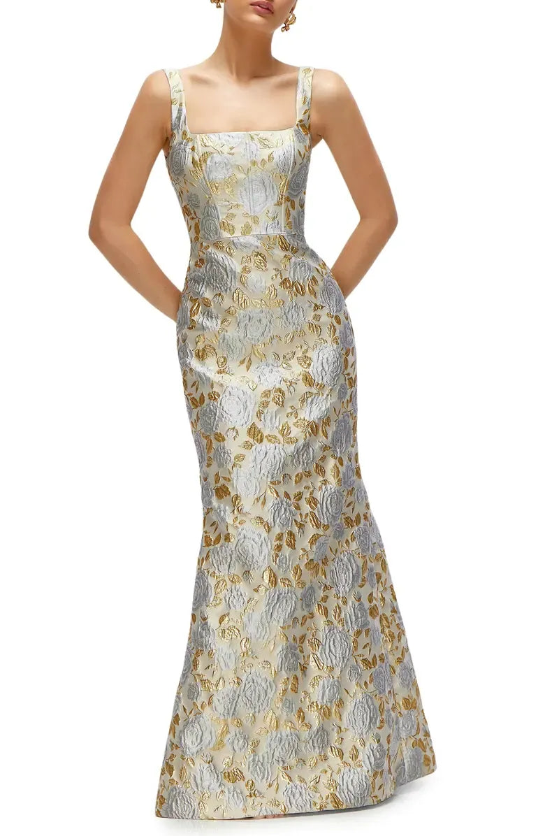 Luxurious Trumpet Square Neck Sleeveless Jacquard Floral Fitted Bodice Formal Evening Gown