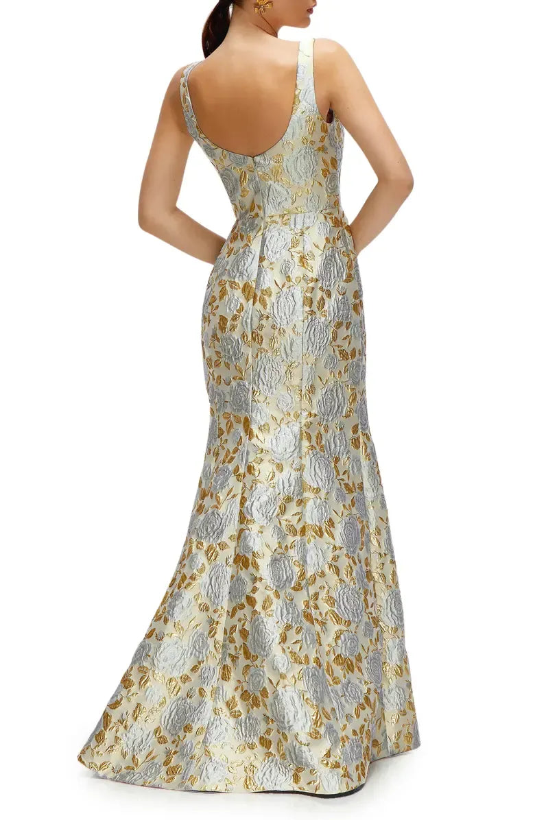 Luxurious Trumpet Square Neck Sleeveless Jacquard Floral Fitted Bodice Formal Evening Gown