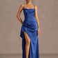 Mermaid Cowl Neck Sleeveless Satin Floor Length Ruched Slit Lace Up Formal Prom Dress