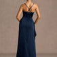 Mermaid Cowl Neck Sleeveless Satin Floor Length Ruched Slit Lace Up Formal Prom Dress
