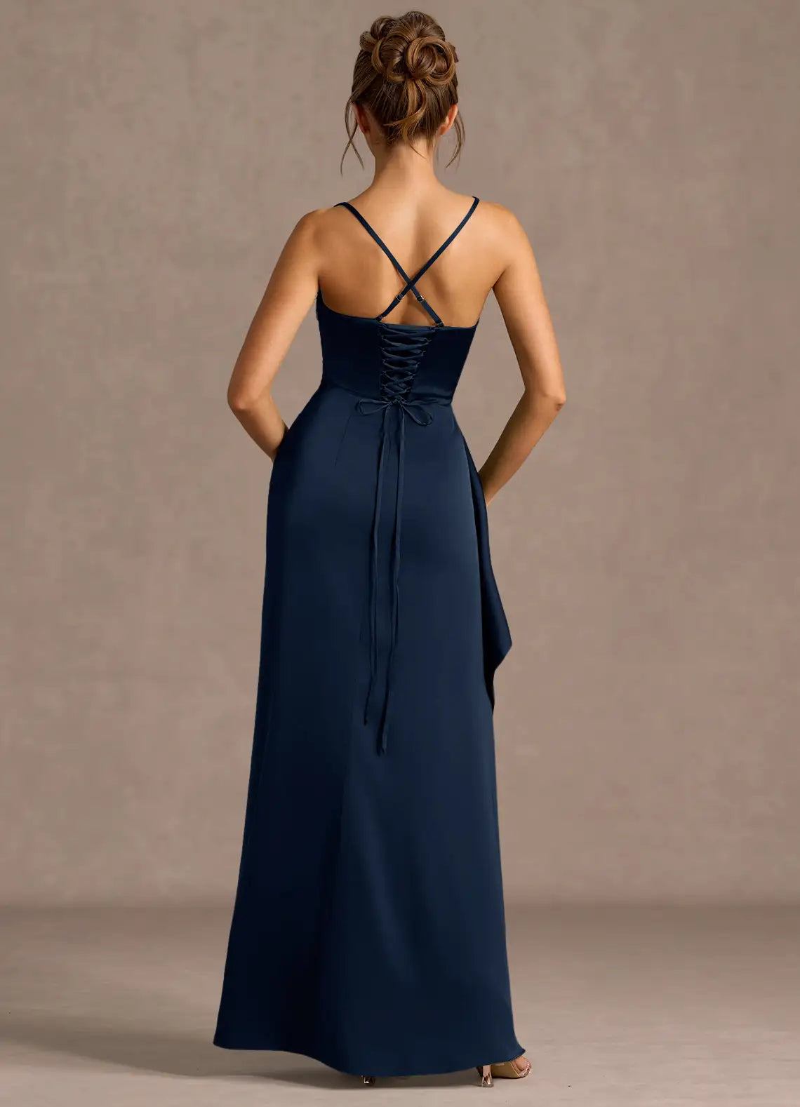 Mermaid Cowl Neck Sleeveless Satin Floor Length Ruched Slit Lace Up Formal Prom Dress