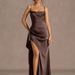 Mermaid Cowl Neck Sleeveless Satin Floor Length Ruched Slit Lace Up Formal Prom Dress