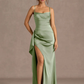 Mermaid Cowl Neck Sleeveless Satin Floor Length Ruched Slit Lace Up Formal Prom Dress