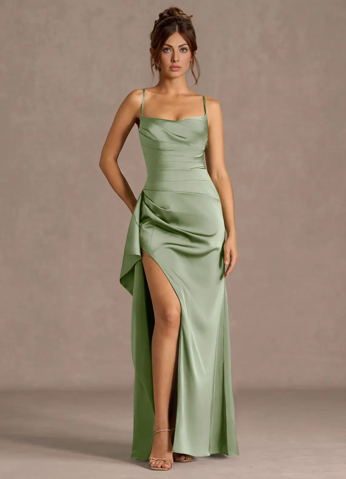 Mermaid Cowl Neck Sleeveless Satin Floor Length Ruched Slit Lace Up Formal Prom Dress