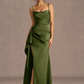 Mermaid Cowl Neck Sleeveless Satin Floor Length Ruched Slit Lace Up Formal Prom Dress