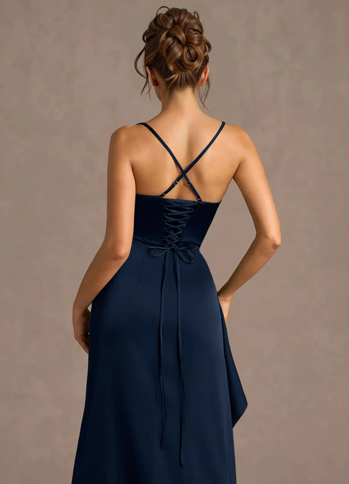 Mermaid Cowl Neck Sleeveless Satin Floor Length Ruched Slit Lace Up Formal Prom Dress