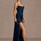 Mermaid Cowl Neck Sleeveless Satin Floor Length Ruched Slit Lace Up Formal Prom Dress