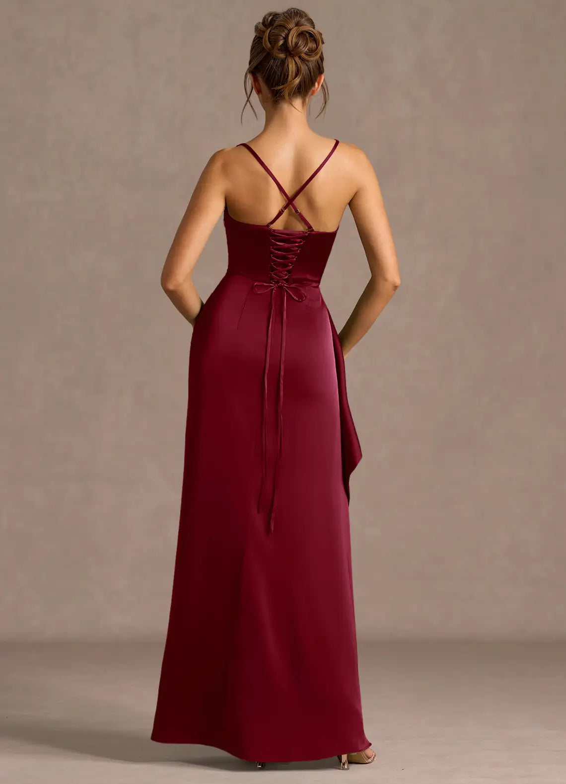 Mermaid Cowl Neck Sleeveless Satin Floor Length Ruched Slit Lace Up Formal Prom Dress