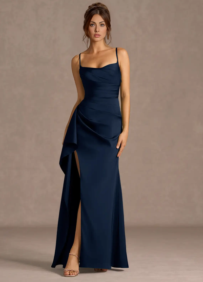 Mermaid Cowl Neck Sleeveless Satin Floor Length Ruched Slit Lace Up Formal Prom Dress