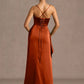 Mermaid Cowl Neck Sleeveless Satin Floor Length Ruched Slit Lace Up Formal Prom Dress