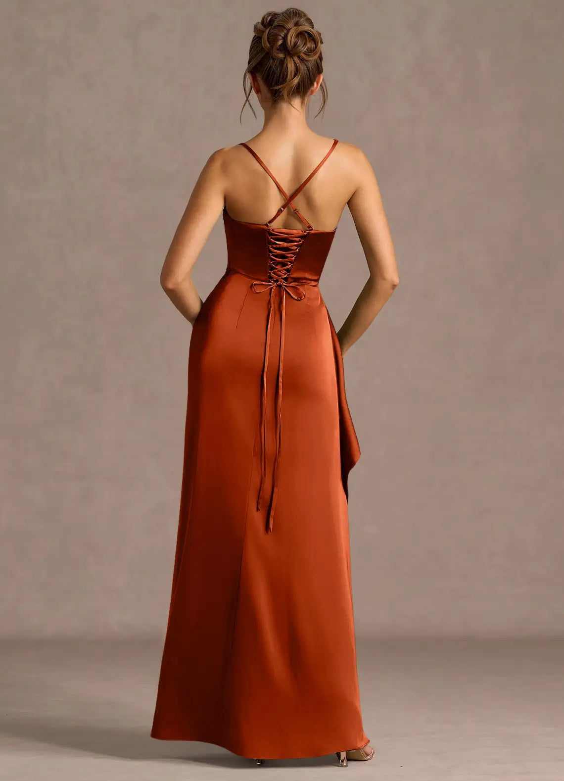Mermaid Cowl Neck Sleeveless Satin Floor Length Ruched Slit Lace Up Formal Prom Dress