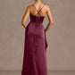 Mermaid Cowl Neck Sleeveless Satin Floor Length Ruched Slit Lace Up Formal Prom Dress