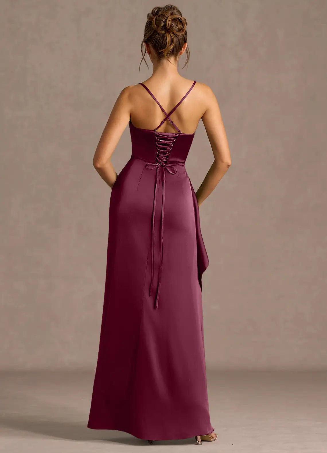 Mermaid Cowl Neck Sleeveless Satin Floor Length Ruched Slit Lace Up Formal Prom Dress
