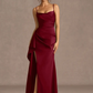Mermaid Cowl Neck Sleeveless Satin Floor Length Ruched Slit Lace Up Formal Prom Dress