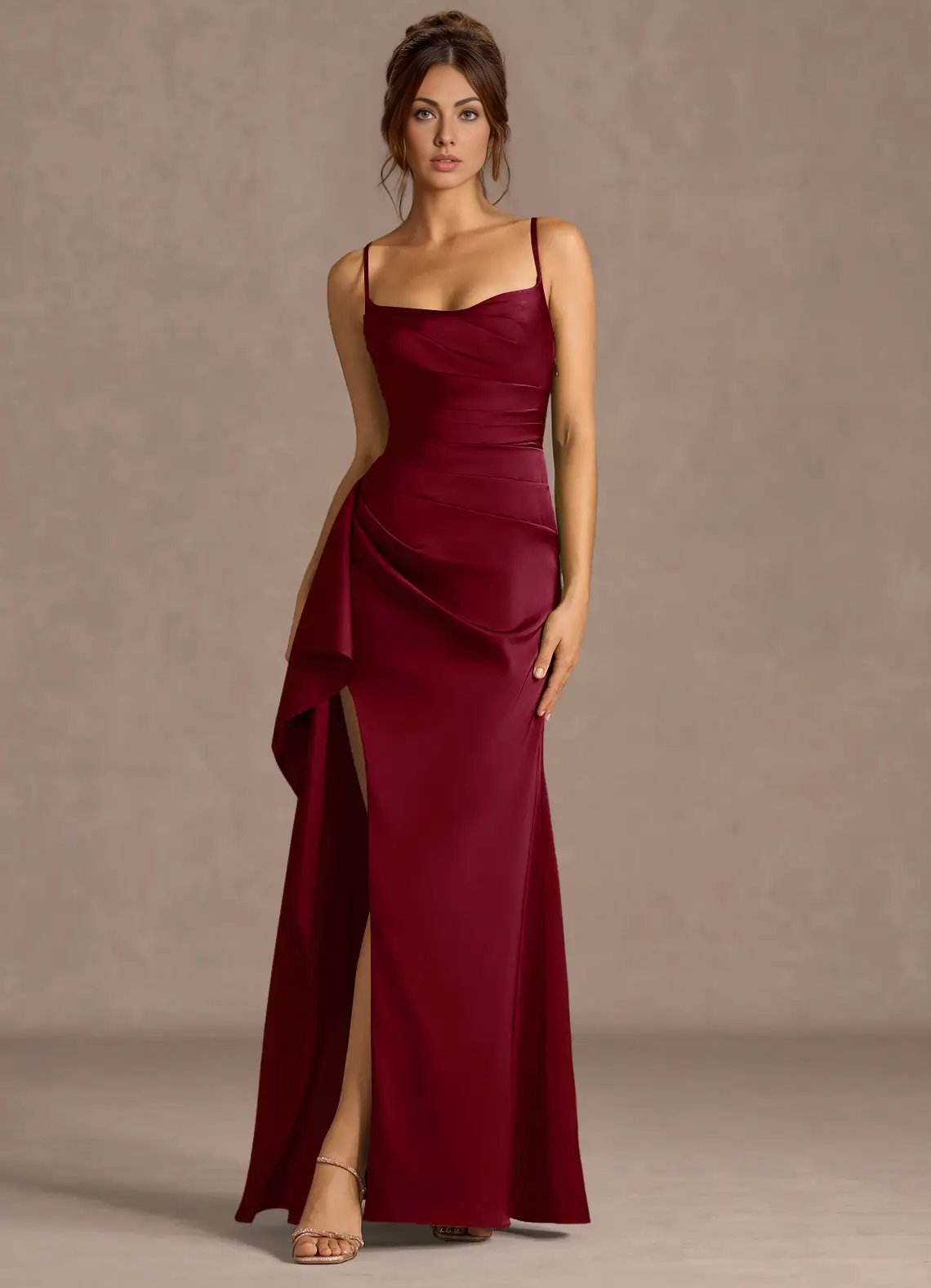 Mermaid Cowl Neck Sleeveless Satin Floor Length Ruched Slit Lace Up Formal Prom Dress