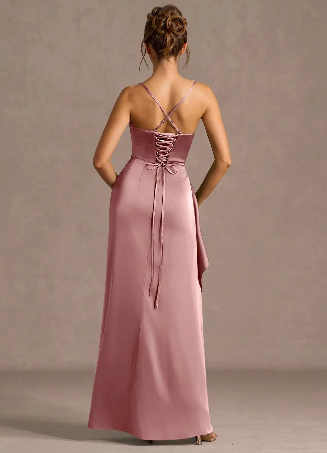 Mermaid Cowl Neck Sleeveless Satin Floor Length Ruched Slit Lace Up Formal Prom Dress