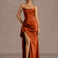 Mermaid Cowl Neck Sleeveless Satin Floor Length Ruched Slit Lace Up Formal Prom Dress