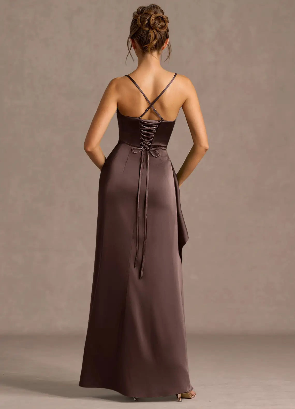 Mermaid Cowl Neck Sleeveless Satin Floor Length Ruched Slit Lace Up Formal Prom Dress
