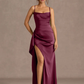 Mermaid Cowl Neck Sleeveless Satin Floor Length Ruched Slit Lace Up Formal Prom Dress