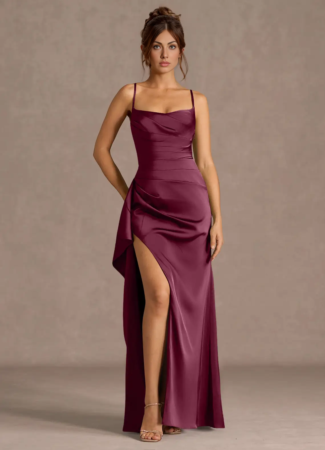 Mermaid Cowl Neck Sleeveless Satin Floor Length Ruched Slit Lace Up Formal Prom Dress