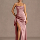 Mermaid Cowl Neck Sleeveless Satin Floor Length Ruched Slit Lace Up Formal Prom Dress