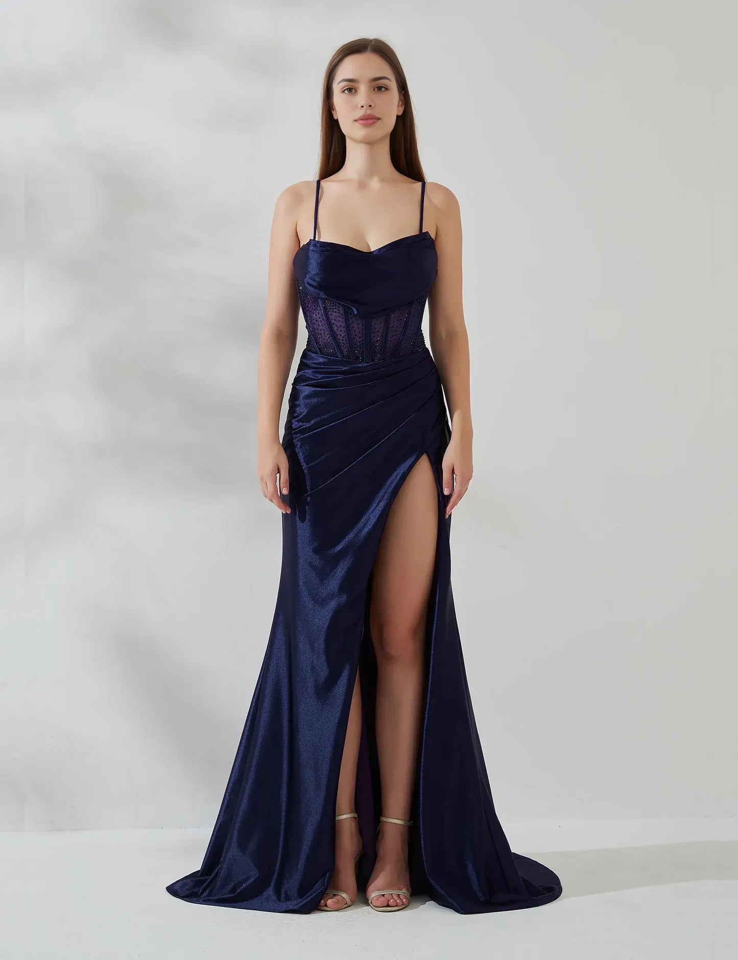 Mermaid Cowl Sleeveless Satin Floor Length Corset Slit Evening Gown