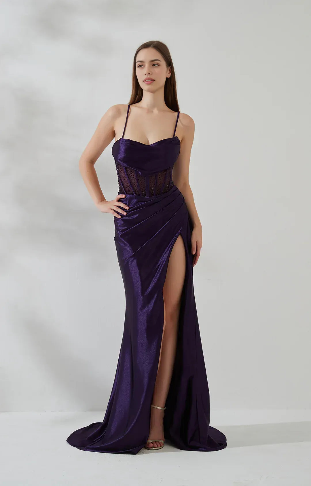 Mermaid Cowl Sleeveless Satin Floor Length Corset Slit Evening Gown