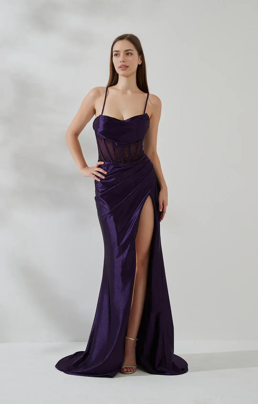 Mermaid Cowl Sleeveless Satin Floor Length Corset Slit Evening Gown