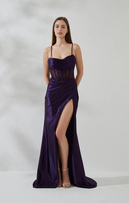 Mermaid Cowl Sleeveless Satin Floor Length Corset Slit Evening Gown