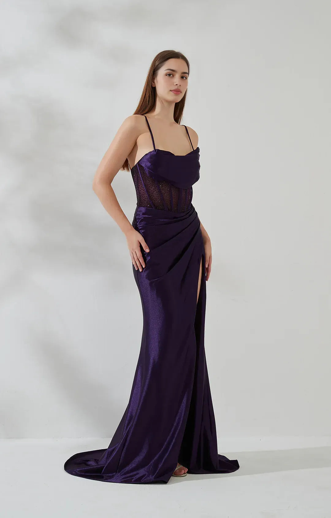 Mermaid Cowl Sleeveless Satin Floor Length Corset Slit Evening Gown