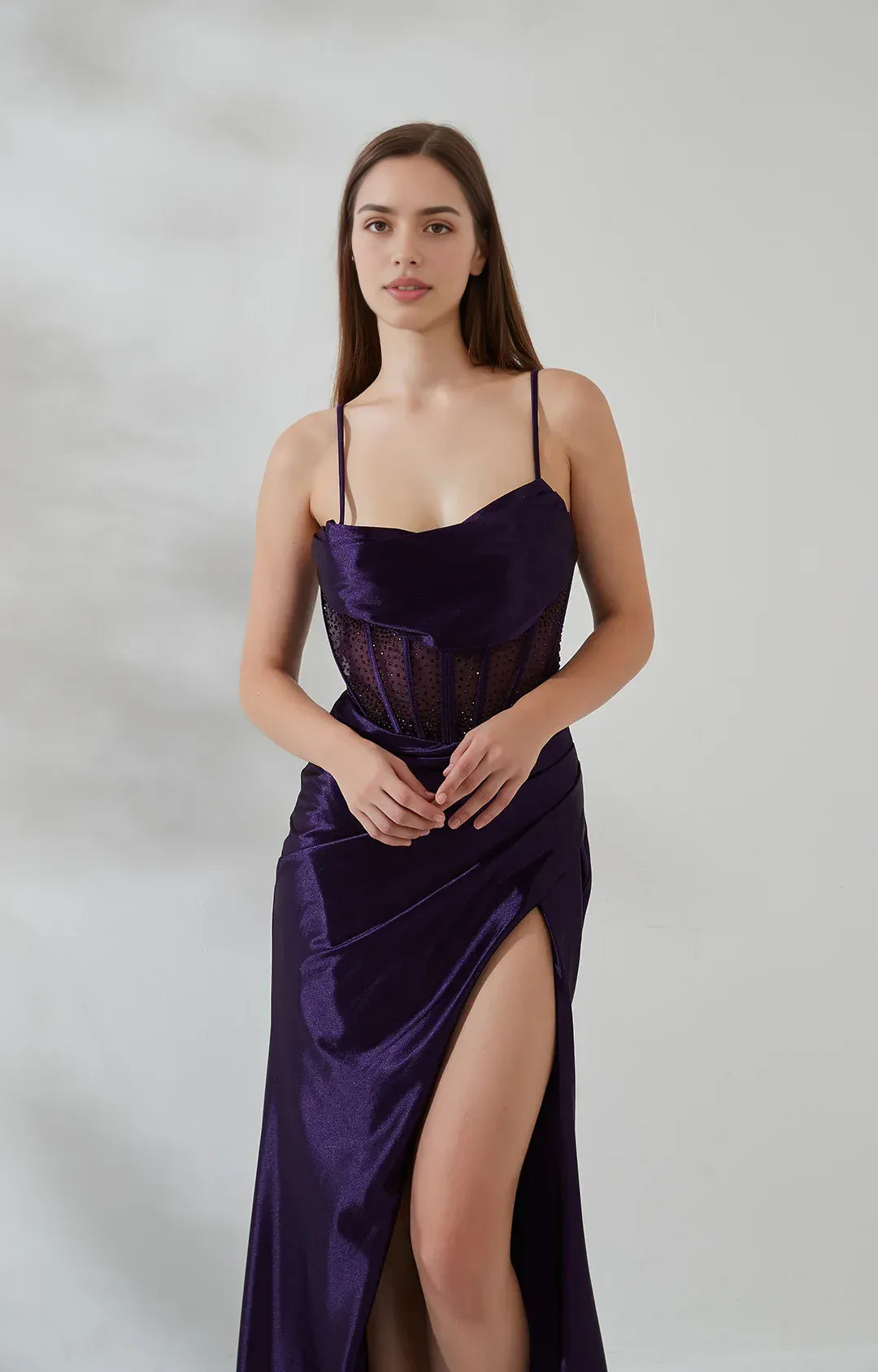 Mermaid Cowl Sleeveless Satin Floor Length Corset Slit Evening Gown