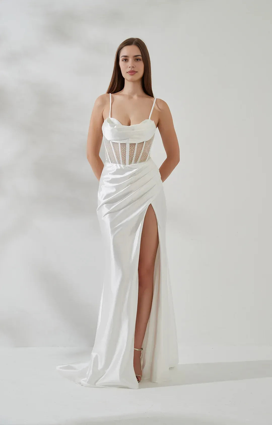 Mermaid Cowl Sleeveless Satin Floor Length Corset Slit Evening Gown