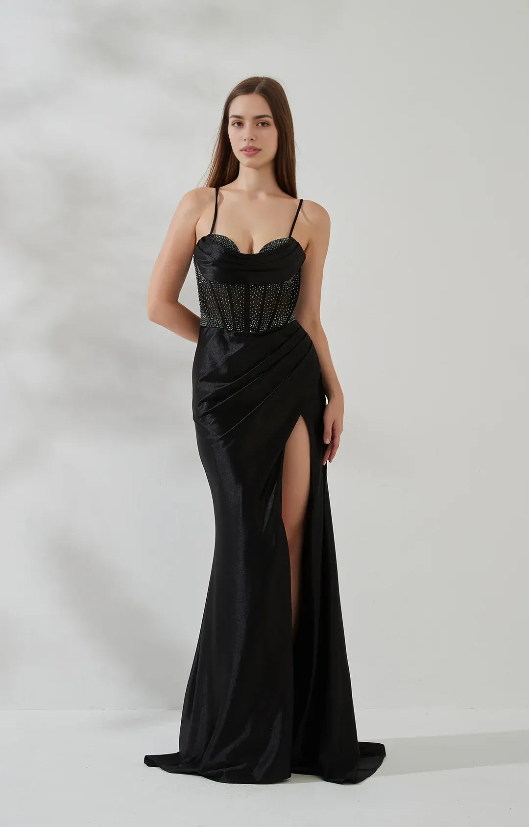 Mermaid Cowl Sleeveless Satin Floor Length Corset Slit Evening Gown