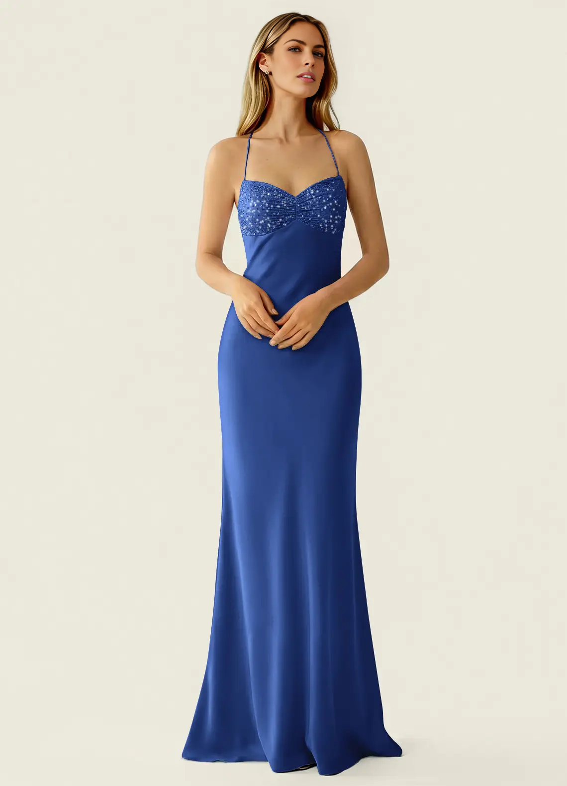 Mermaid Fit Sweetheart Neck Halter Sleeveless Chiffon Floor Length Beaded Lace Up Formal Dress