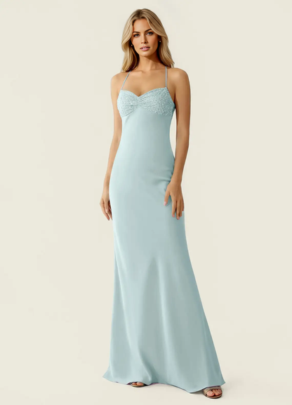 Mermaid Fit Sweetheart Neck Halter Sleeveless Chiffon Floor Length Beaded Lace Up Formal Dress