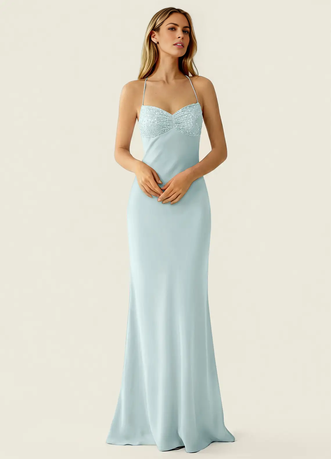 Mermaid Fit Sweetheart Neck Halter Sleeveless Chiffon Floor Length Beaded Lace Up Formal Dress