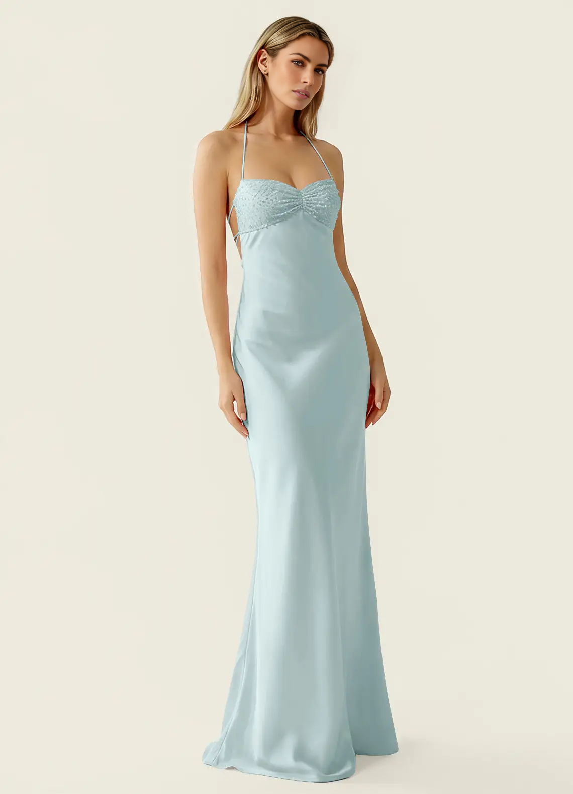 Mermaid Fit Sweetheart Neck Halter Sleeveless Chiffon Floor Length Beaded Lace Up Formal Dress