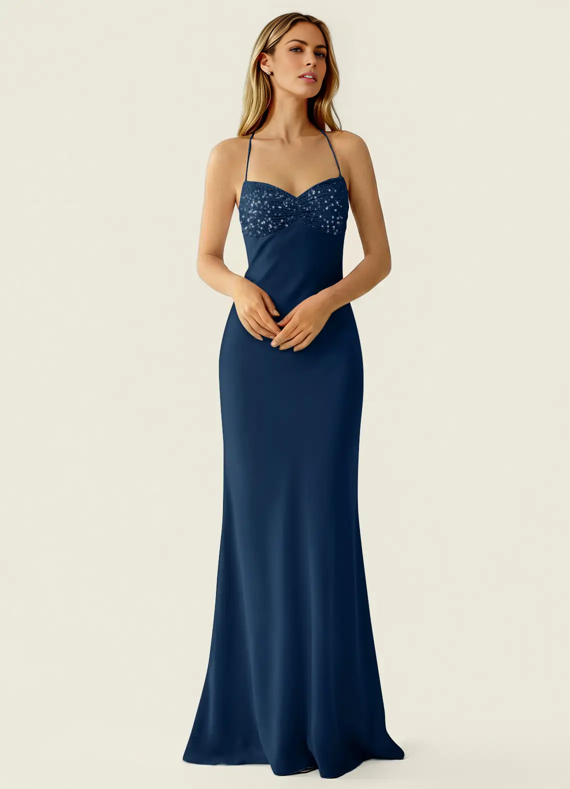 Mermaid Fit Sweetheart Neck Halter Sleeveless Chiffon Floor Length Beaded Lace Up Formal Dress