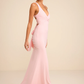 Mermaid Fit V-Neck Sleeveless Jersey Floor Length Twist Bow Back Prom Dress