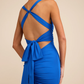 Mermaid Fit V-Neck Sleeveless Jersey Floor Length Twist Bow Back Prom Dress