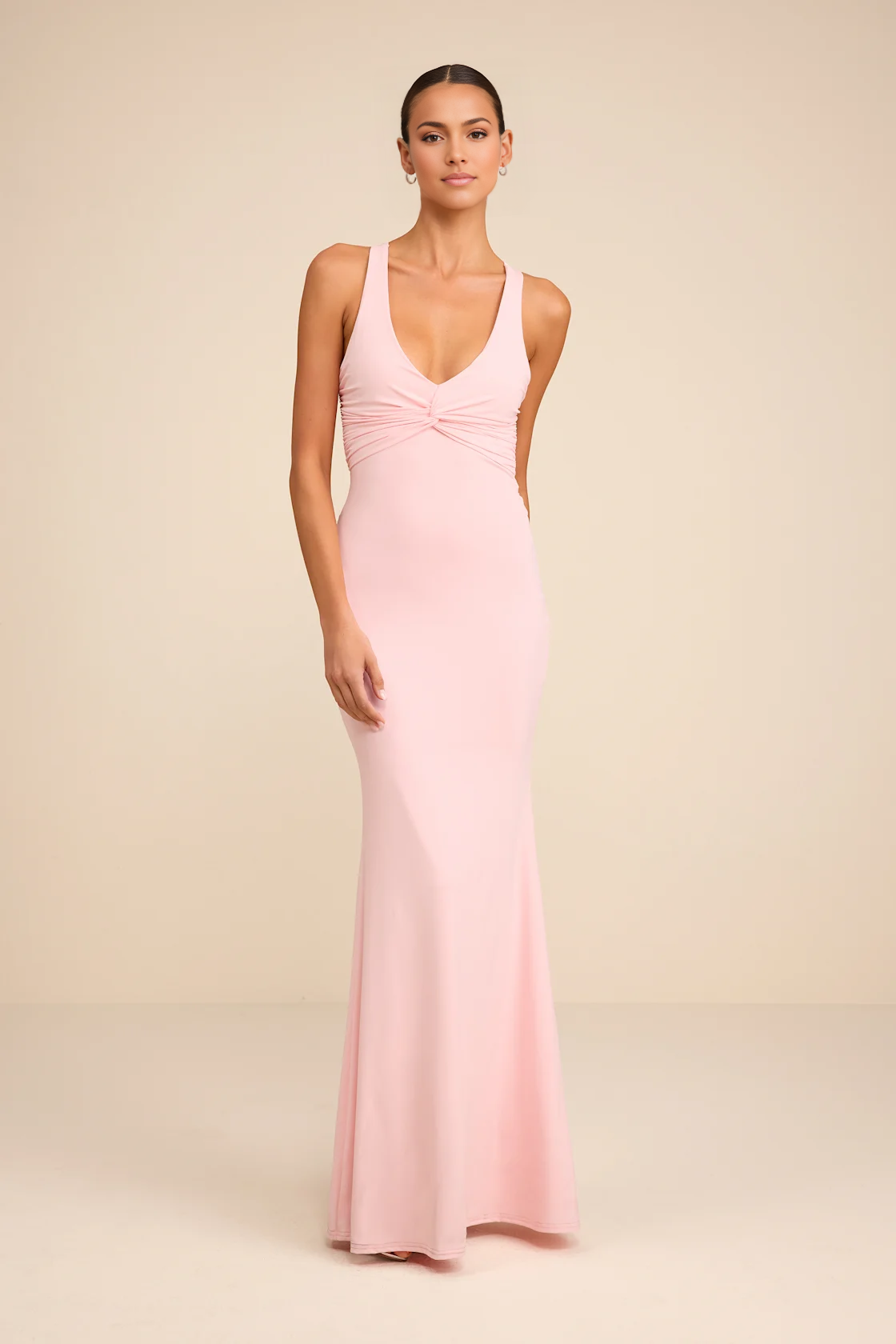 Mermaid Fit V-Neck Sleeveless Jersey Floor Length Twist Bow Back Prom Dress