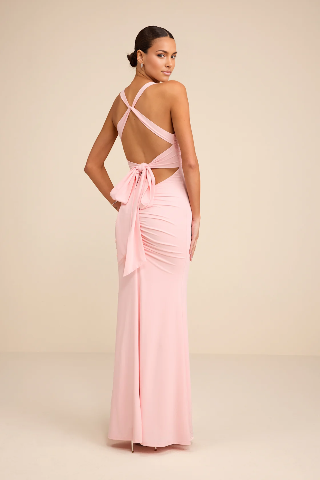 Mermaid Fit V-Neck Sleeveless Jersey Floor Length Twist Bow Back Prom Dress