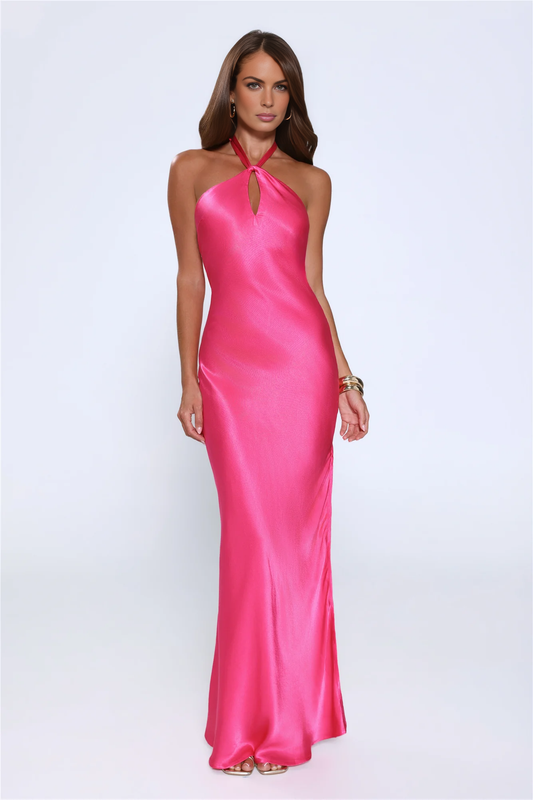 Mermaid Halter Sleeveless Satin Floor-Length Keyhole Open-Back Bridesmaid Dress